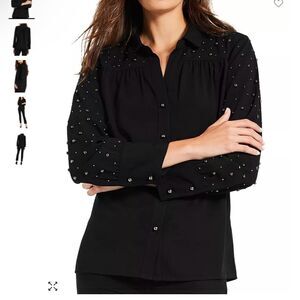 NIC+ZOE Black Constellation Long Sleeve Shirt with Pearl Accents